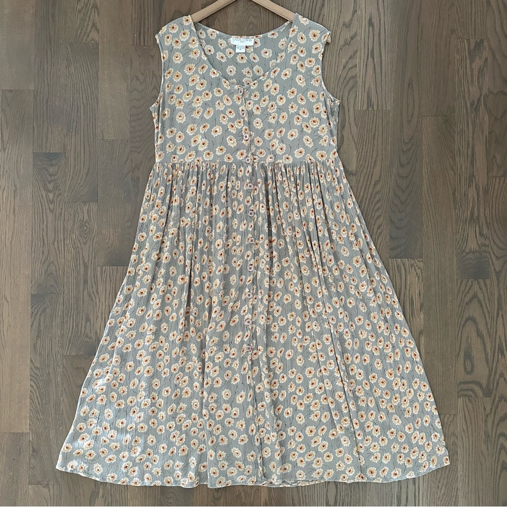 Vintage 90s Grunge Ditsy Floral Print Babydoll Gauze Midi Dress in Sage Green M
